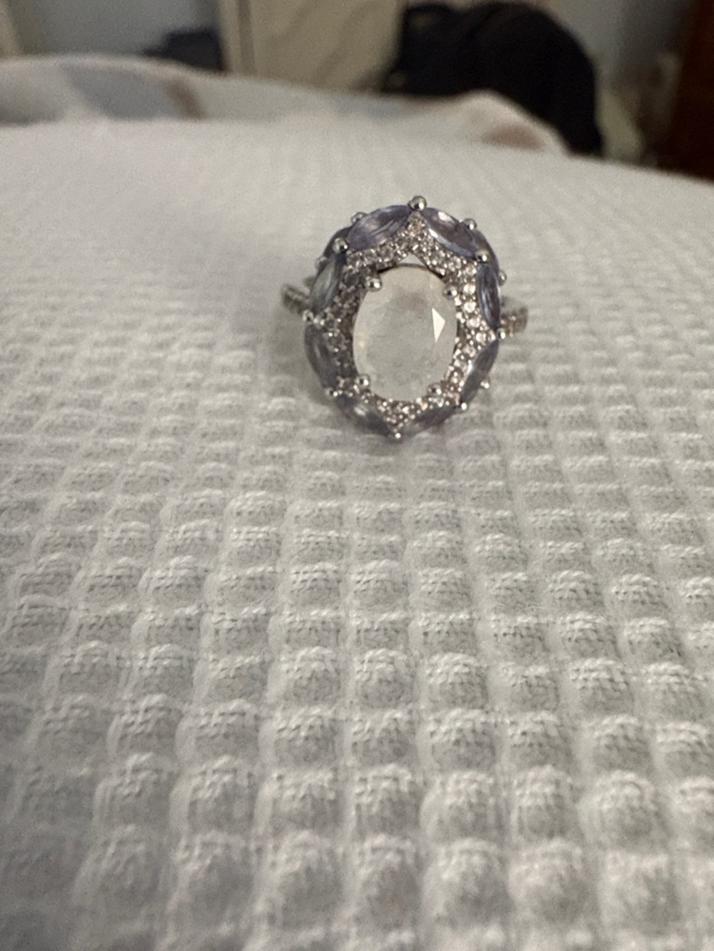 Sterling Silver Moonstone Halo Ring with Light Amethyst Accents